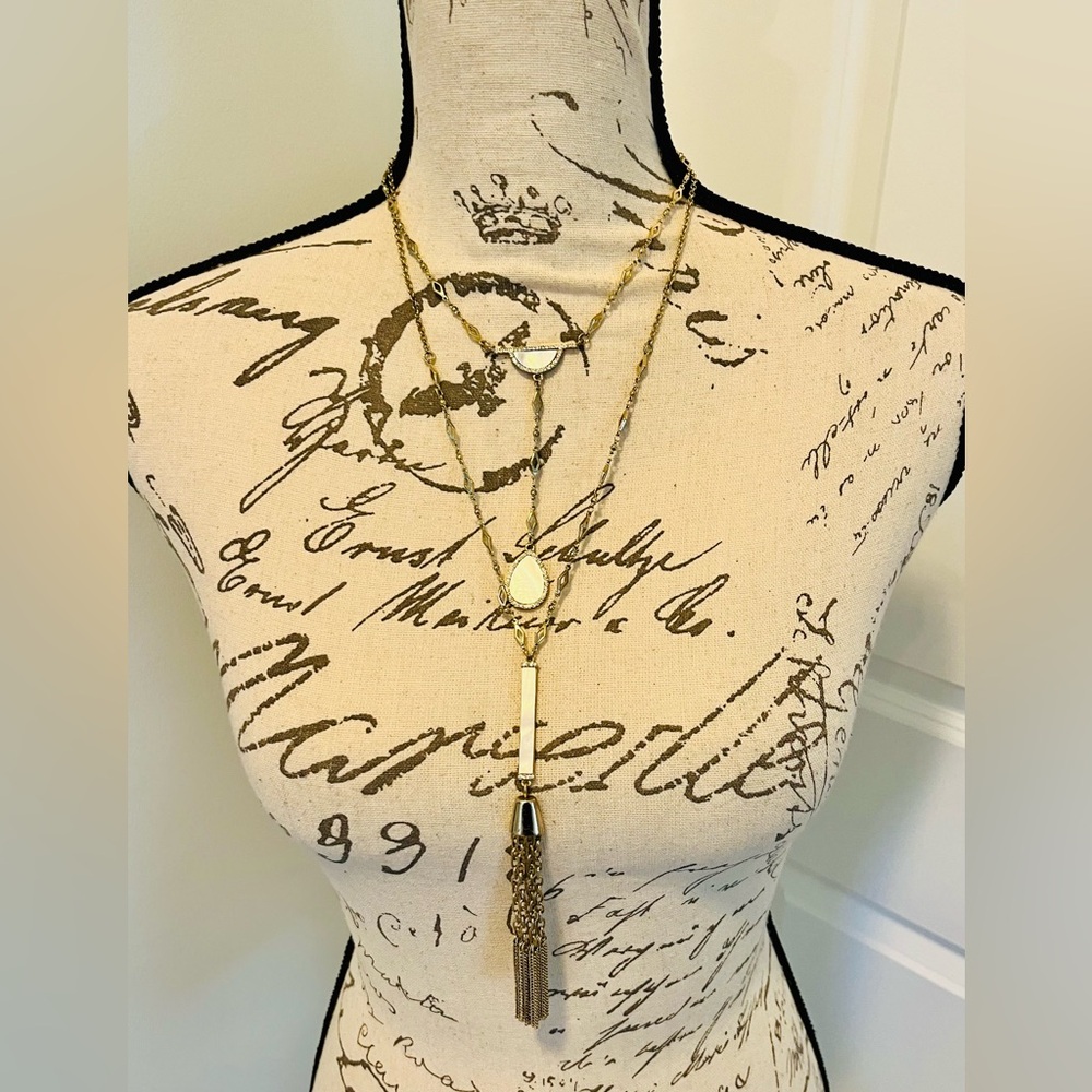 Mother of Pearl Tassel Y Necklace Art Deco Layered Rhinestone 36”